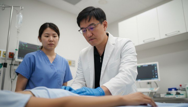 患者因過敏性休克導致呼吸困難而面露痛苦。 正確使用腎上腺素筆應對突發過敏性休克症狀。 醫護人員針對過敏性休克患者進行抬高雙腳急救。 吳紹琥醫師於診間說明預防過敏性休克的關鍵。