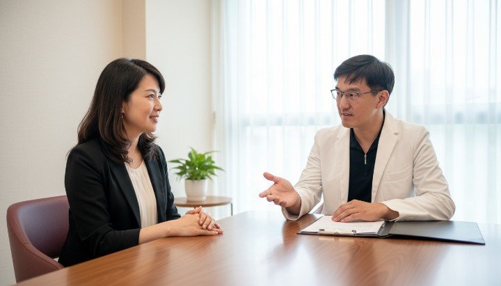 [1] 吳紹琥醫師為患者講解肉毒桿菌除皺原理 [2] 診間展示五大常見肉毒桿菌品牌產品包裝 [3] 專業醫師精準定位肉毒桿菌施打位置示意