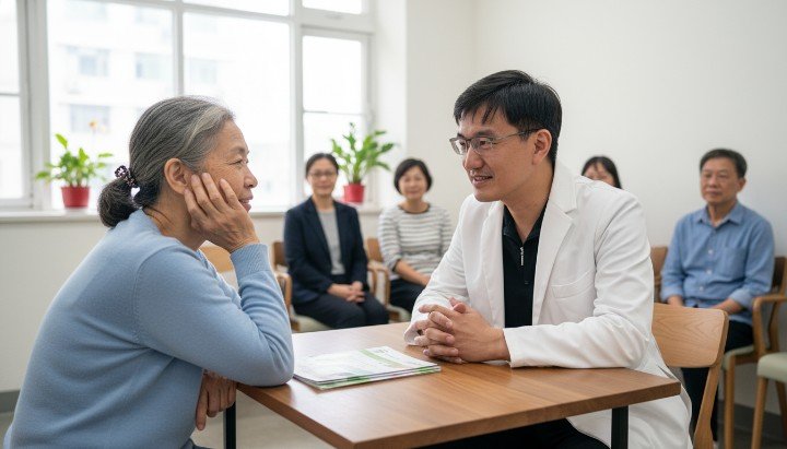 醫師說明PRP增生療法健保與自費細節 護理師操作PRP增生療法健保離心設備 患者進行PRP增生療法健保膝蓋超音波 診所提供的PRP增生療法健保衛教手冊