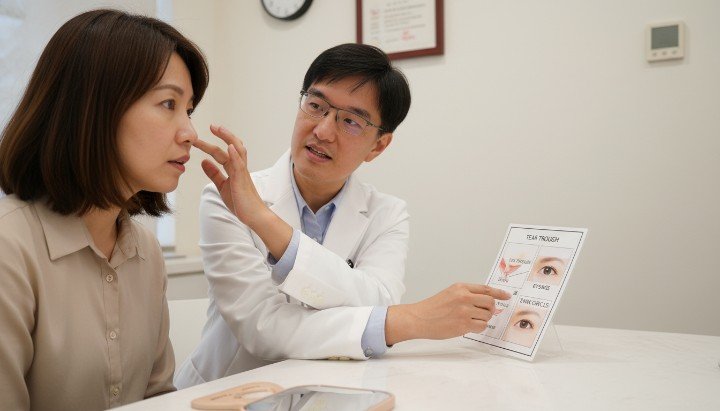 [改善淚溝]診所環境中醫師與病患討論改善方案 [改善淚溝]醫學美容診間展示專業注射技術 [改善淚溝]利用現代醫學影像技術輔助術前規劃 [改善淚溝]術前術後對比圖顯示眼周亮眼效果