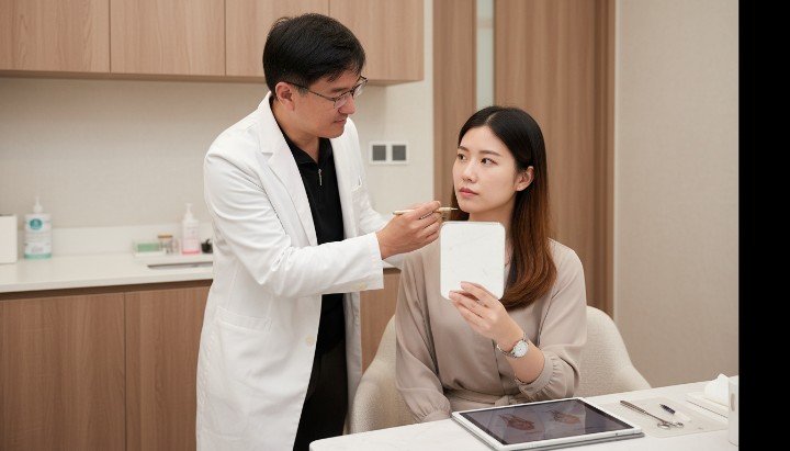 診間醫師專業講解醫學美容法規重點 患者簽署合乎醫學美容法規的同意書 醫護人員檢查符合醫學美容法規之針劑 安全合法的醫學美容法規標準診療環境