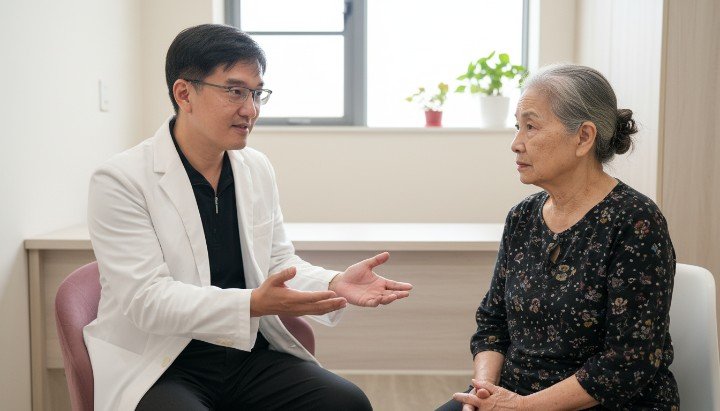 專業醫師講解埋線拉提療程細節與原理。 示意熟齡女性進行埋線拉提後的臉部輪廓。 特寫PCL高品質線材於埋線拉提中的應用。 醫師精準設計埋線拉提向量位置示意圖。