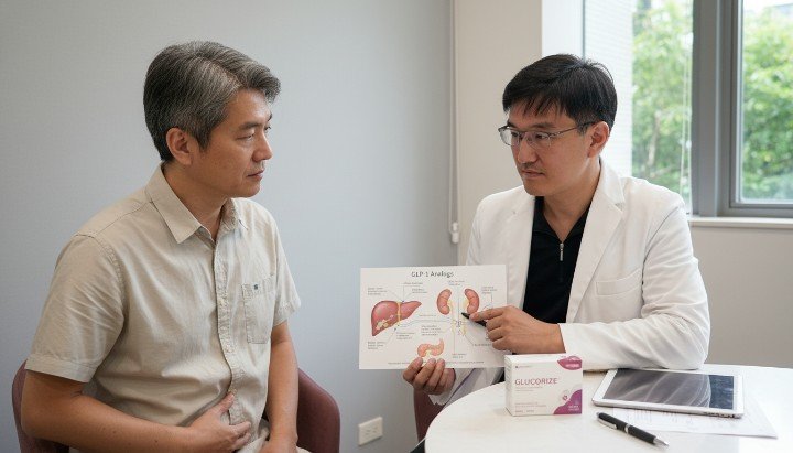 [1]診所醫師向患者說明減肥針肝腎數據重要性 [2]實驗室分析樣本確保使用減肥針肝腎指標正常 [3]醫師手持平板顯示健康的減肥針肝腎評估結果 [4]患者接受專業諮詢了解減肥針肝腎保護措施