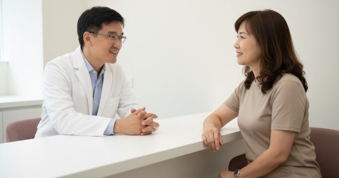 吳紹琥醫師在診所內與患者溝通植髮門診建議