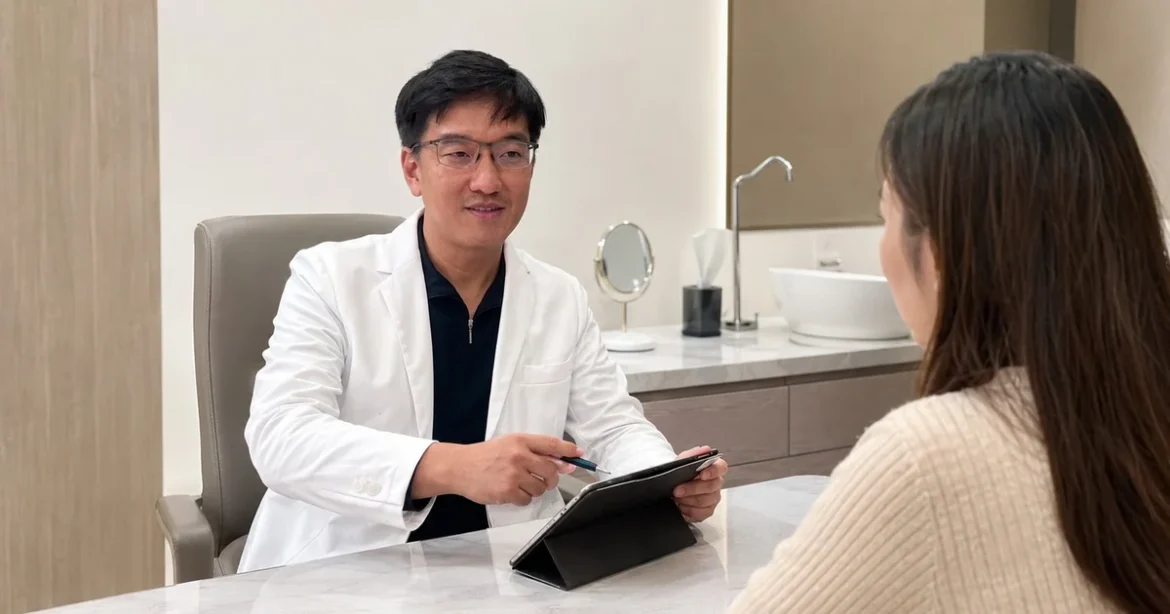 吳芮醫師正在為患者解說V臉療程分析的原理圖示。