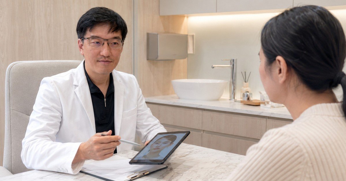 V臉療程的效果展示,明亮的診所內景,顯示療程過程中的專業操作
