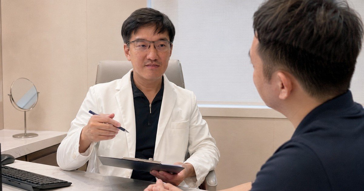 介紹V臉療程的優勢與效果,醫師正在為病人講解